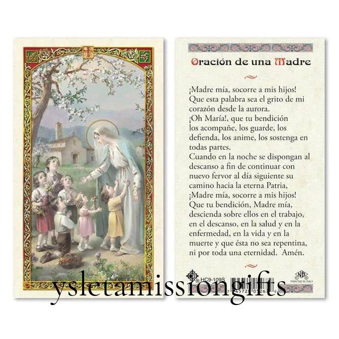 Laminated Catholic prayer card in Spanish titled "Oracion De Una Madre," featuring religious symbols and heartfelt prayer text.