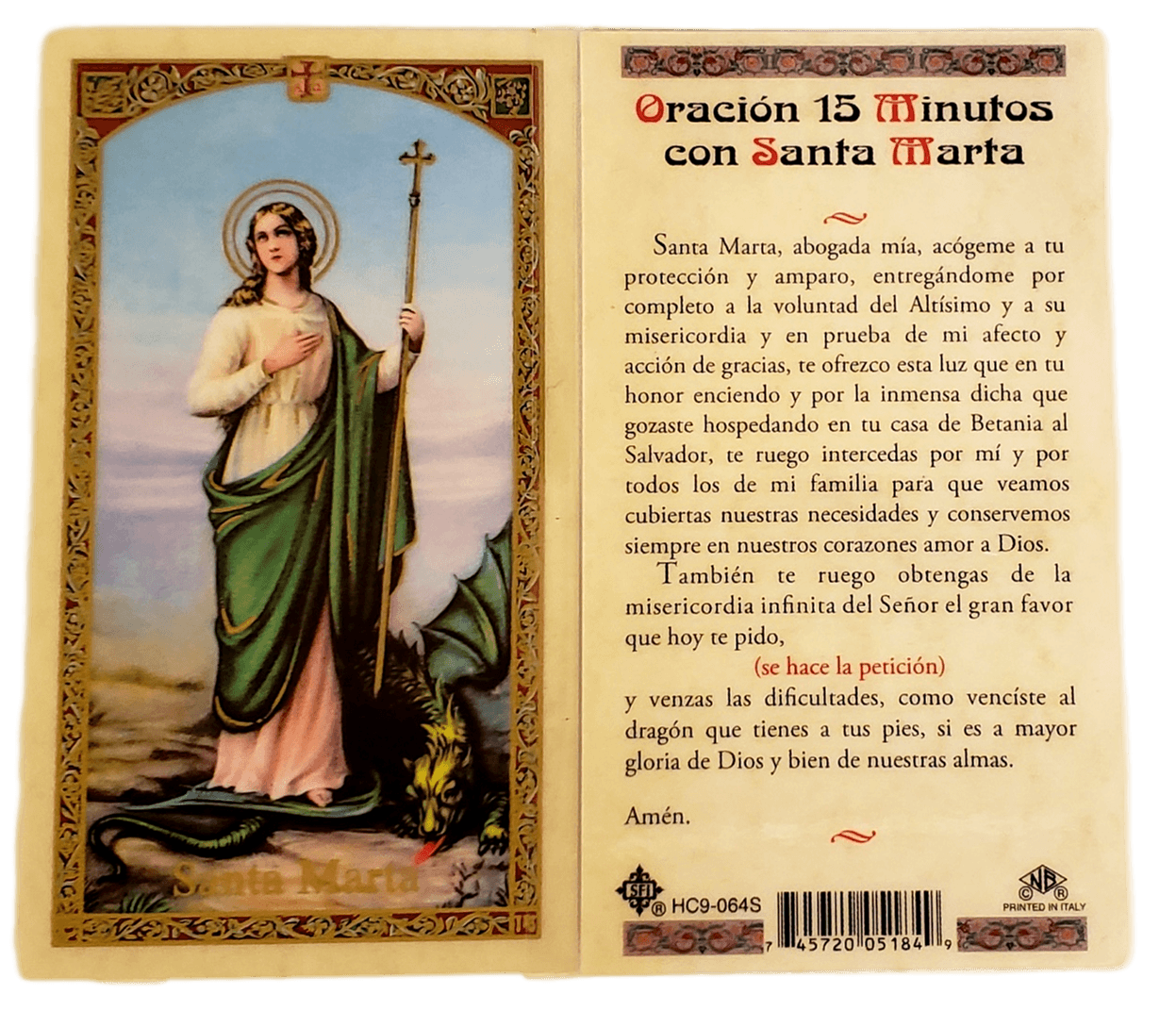 Prayer Card Oracion Minutos Con Santa Marta SPANISH Laminated HC9-064S