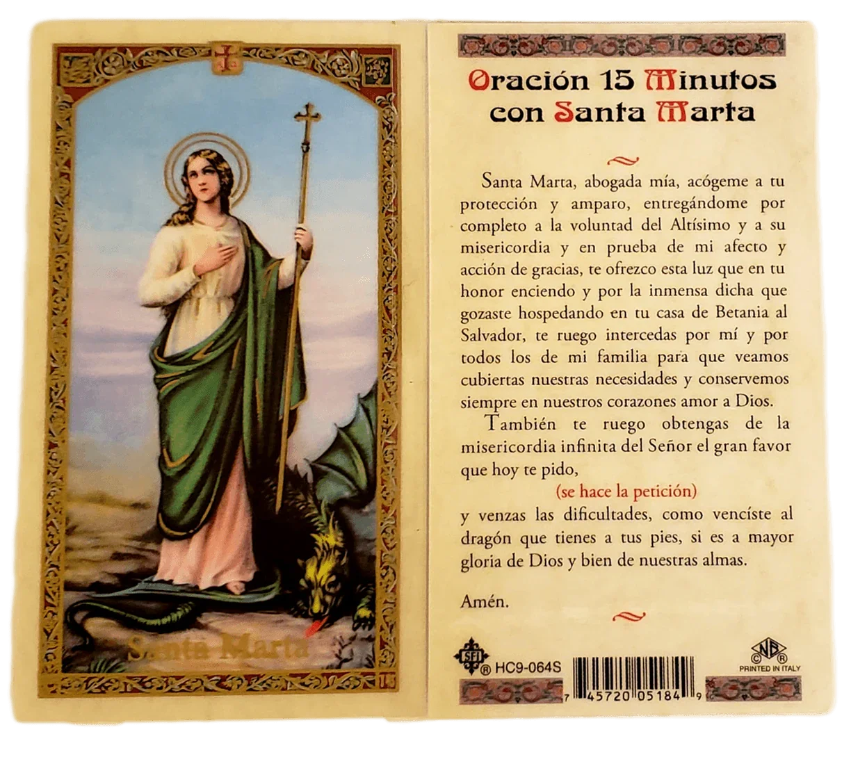 Prayer Card Oracion Minutos Con Santa Marta SPANISH Laminated HC9-064S - Ysleta Mission Gift Shop