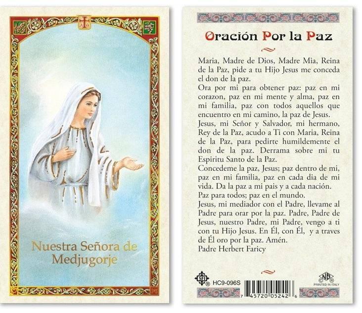 Prayer Card Oracion Por La Paz Nuestra Senora De Medjugorje SPANISH Laminated HC9-096S - Ysleta Mission Gift Shop