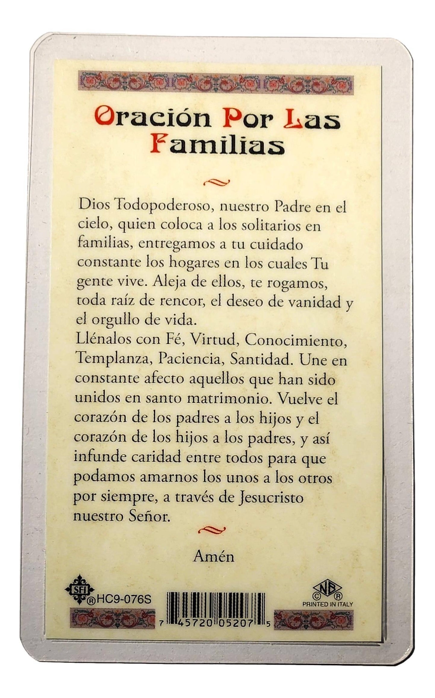Prayer Card Oracion Por las Familias Laminated HC9-076S - Ysleta Mission Gift Shop
