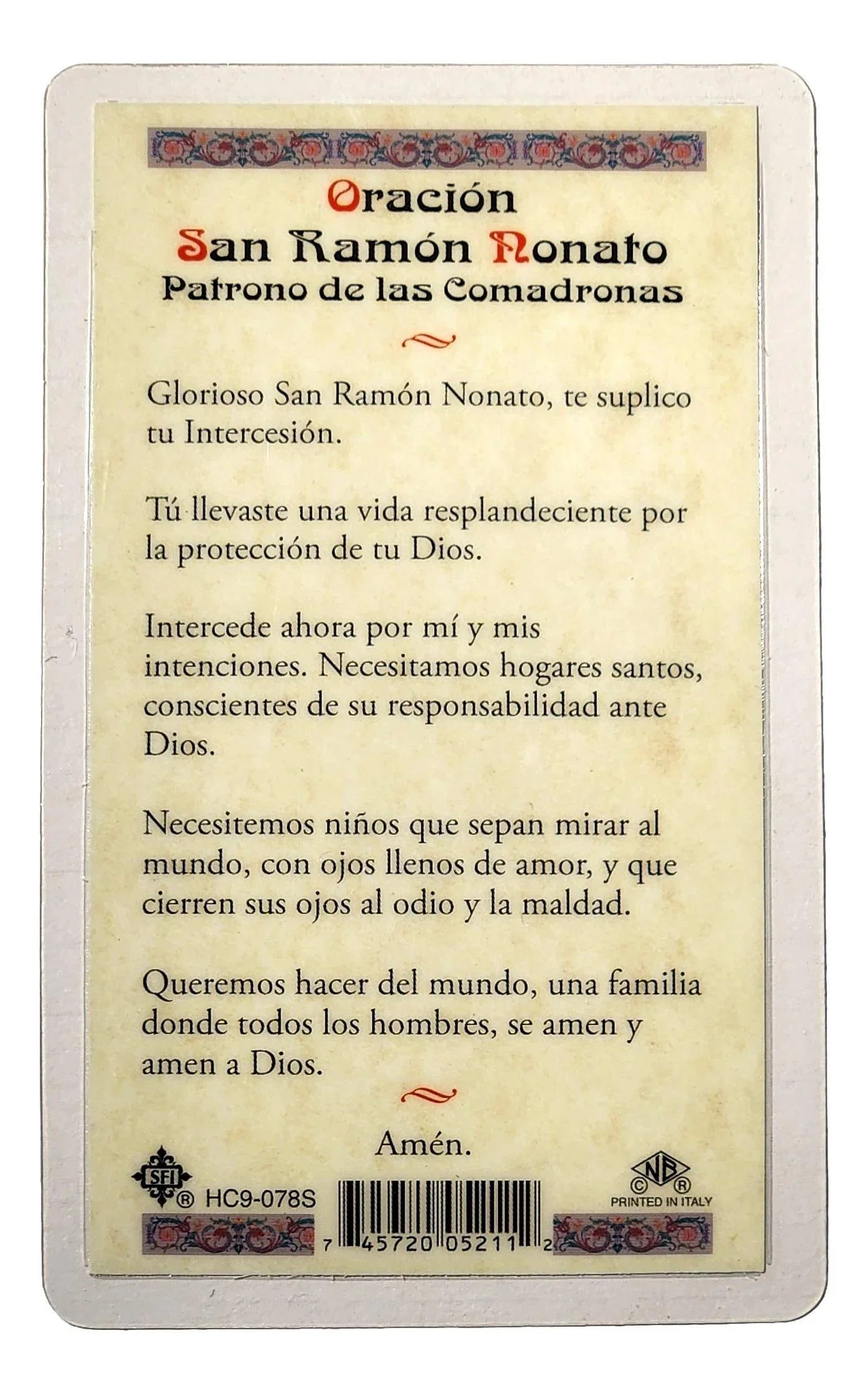 Prayer Card Oracion San Nonato SPANISH Laminated HC9-078S - Ysleta Mission Gift Shop