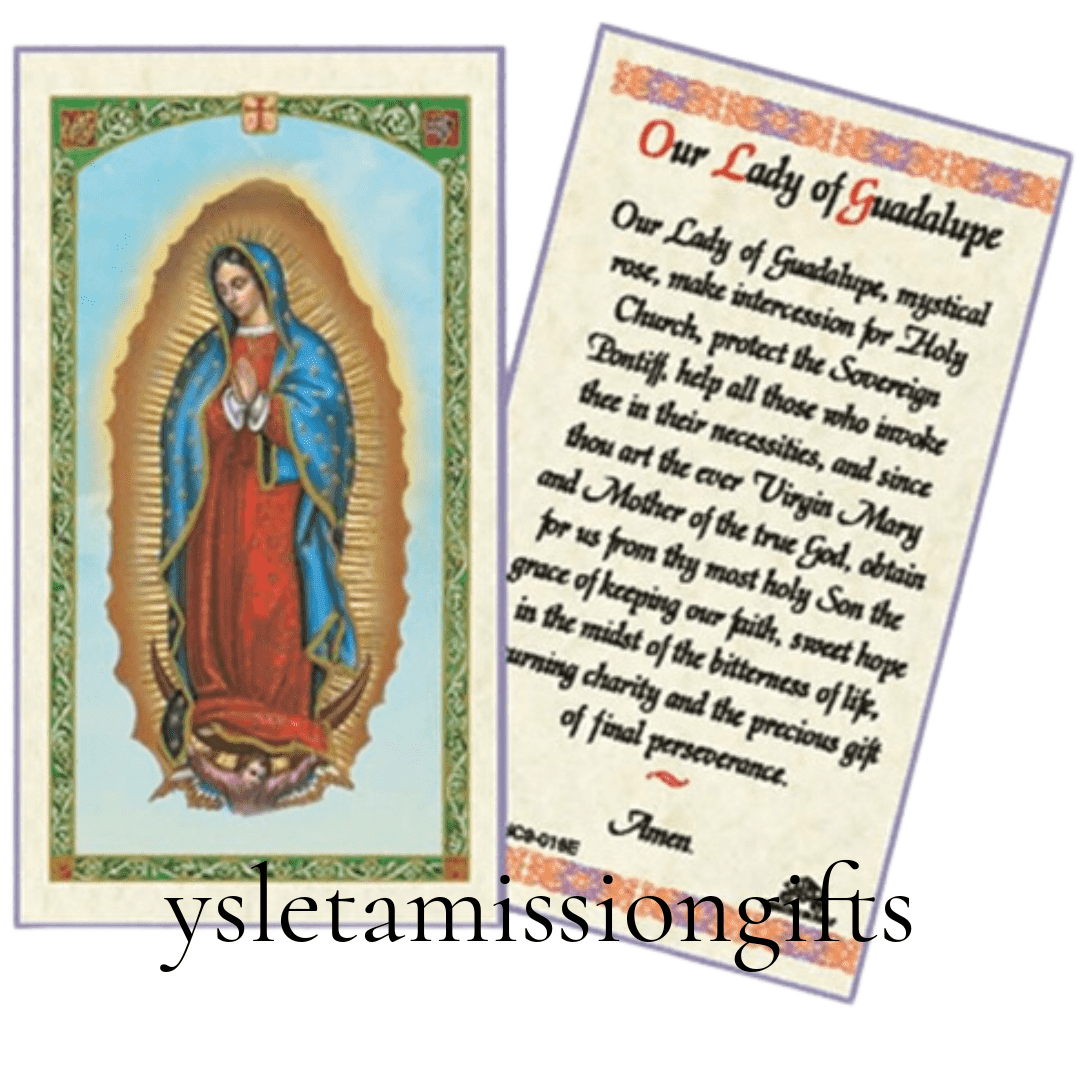 Catholic prayer card featuring Our Lady of Guadalupe with religious imagery, from Ysleta Mission Gift Shop.