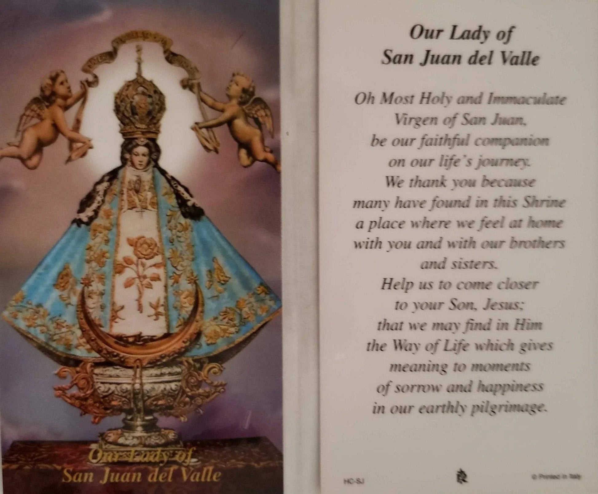 Prayer Card Our Lady Of San Juan Del Valle Laminated HC-SJ - Ysleta Mission Gift Shop