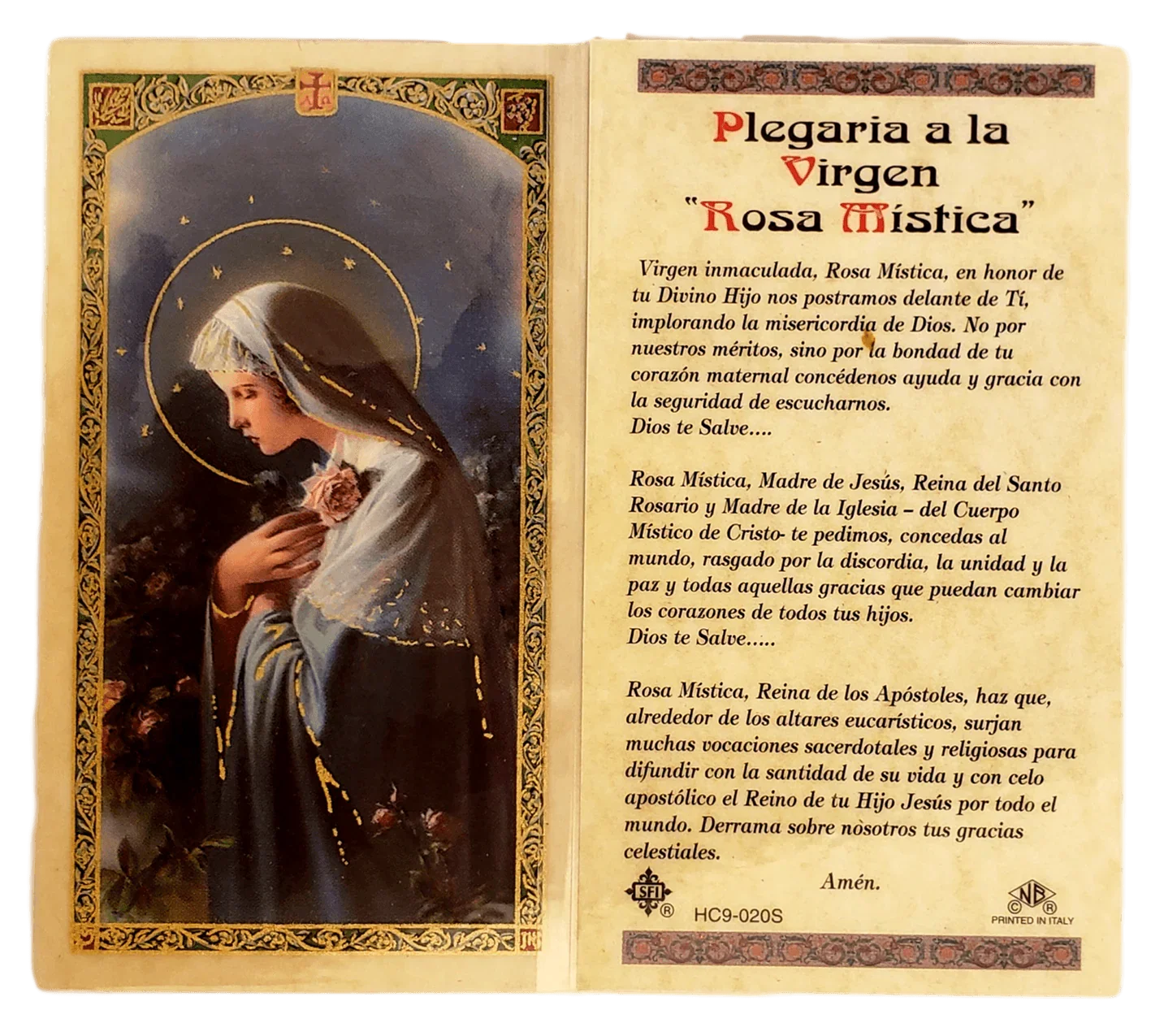 Prayer Card Plegaria A La Virgen Rosa Mistica SPANISH Laminated HC9-020S - Ysleta Mission Gift Shop