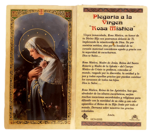 Prayer Card Plegaria A La Virgen Rosa Mistica SPANISH Laminated HC9-020S - Ysleta Mission Gift Shop