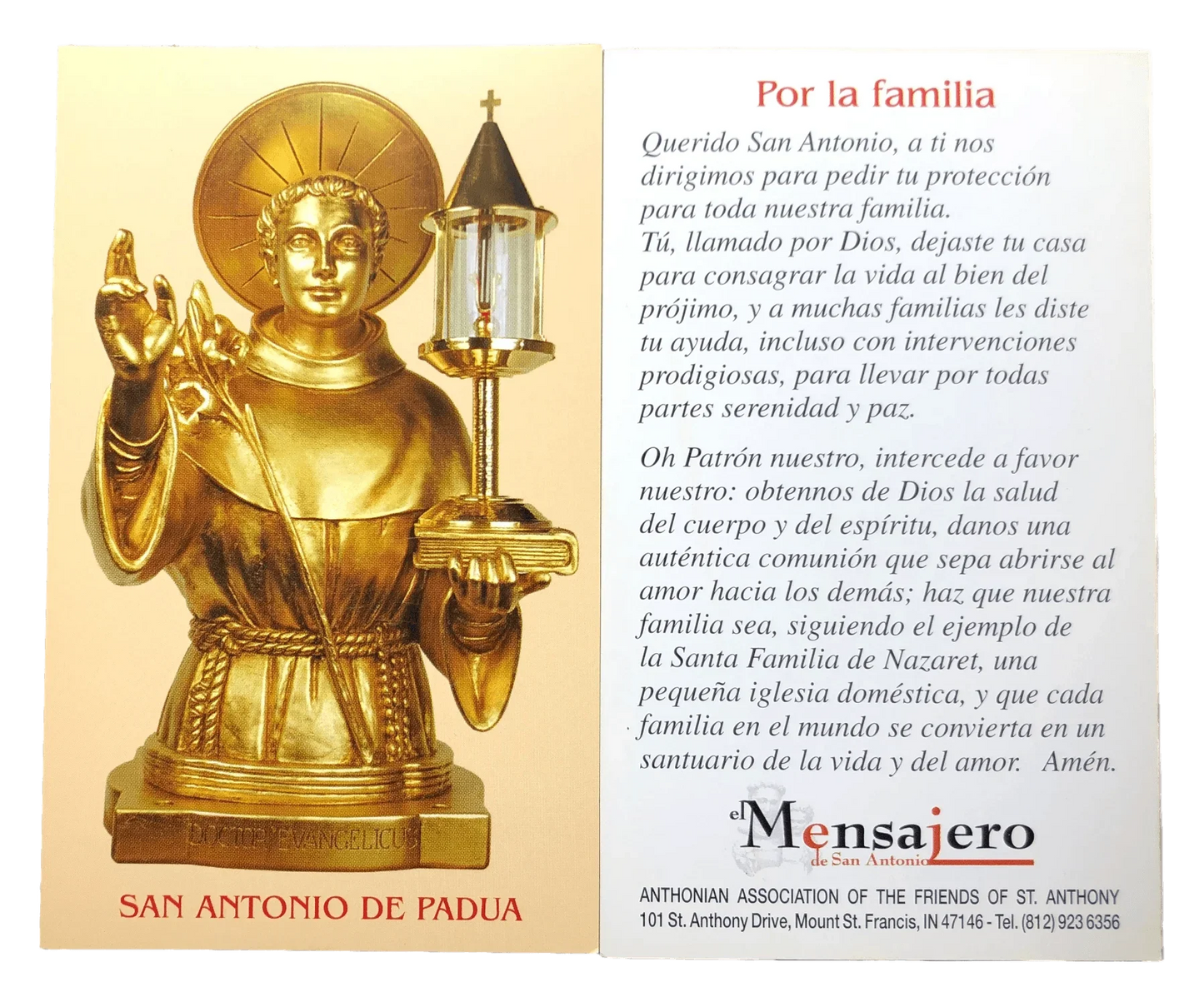 Prayer Card Por La Familia San Antonio De Padua SPANISH No Laminated NC - Ysleta Mission Gift Shop