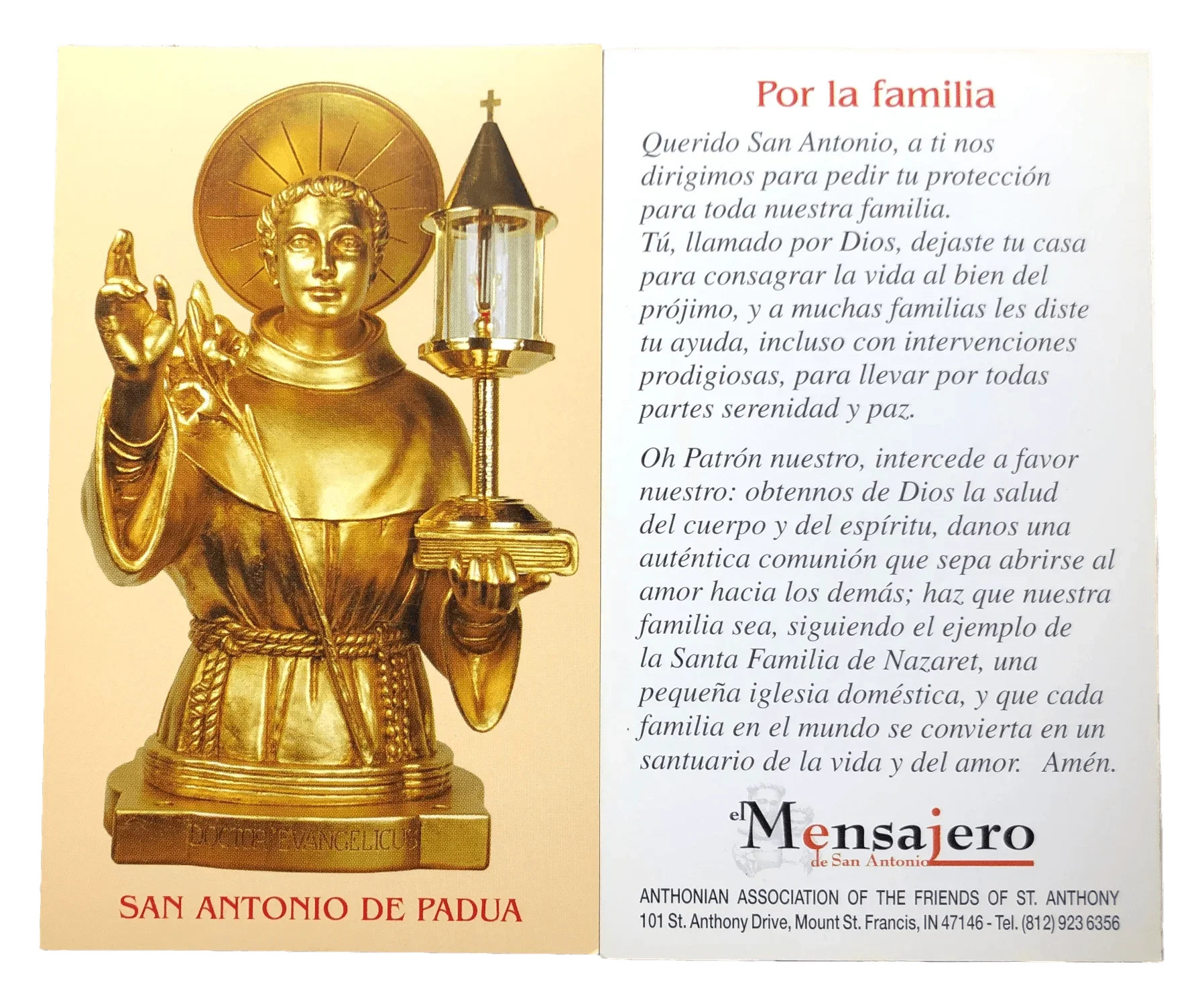 Prayer Card Por La Familia San Antonio De Padua SPANISH No Laminated NC - Ysleta Mission Gift Shop