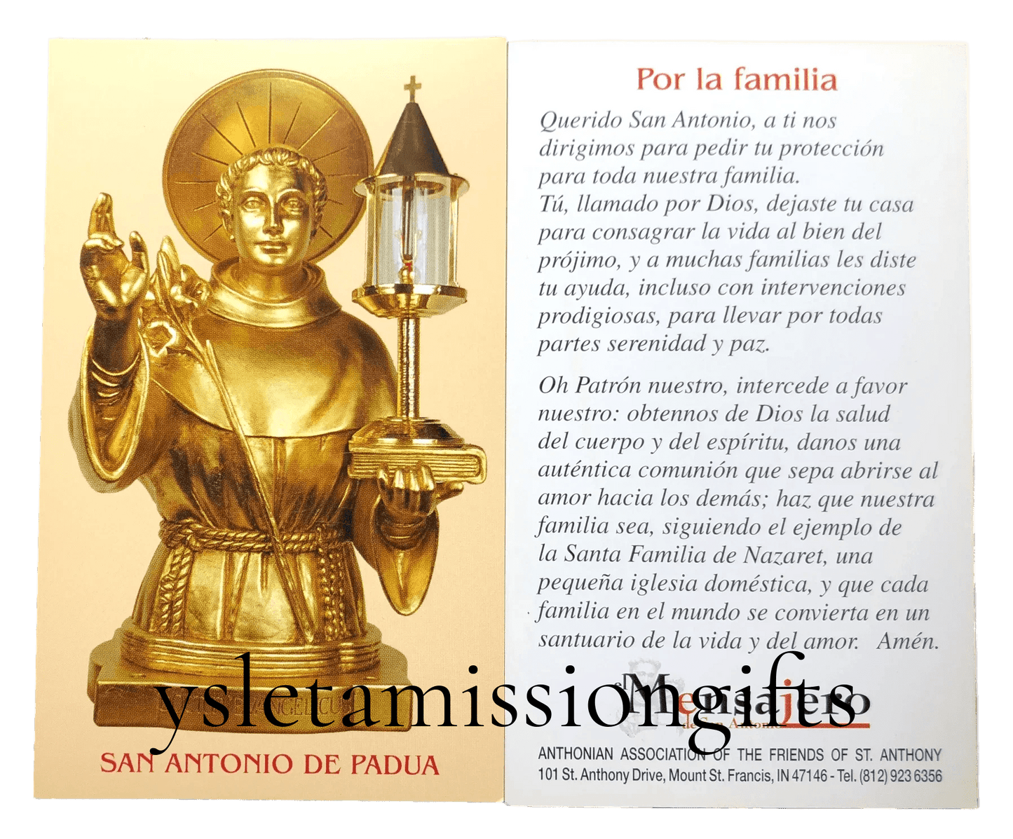 Prayer Card Por La Familia San Antonio De Padua SPANISH No Laminated NC - Ysleta Mission Gift Shop