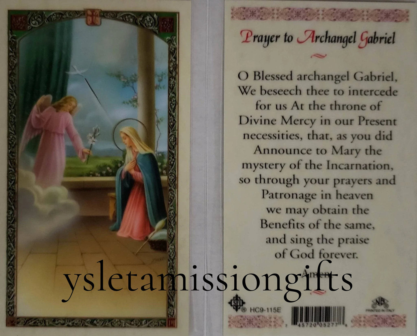 Laminated Catholic prayer card featuring Archangel Gabriel, with religious text and imagery, from Ysleta Mission Gift Shop.