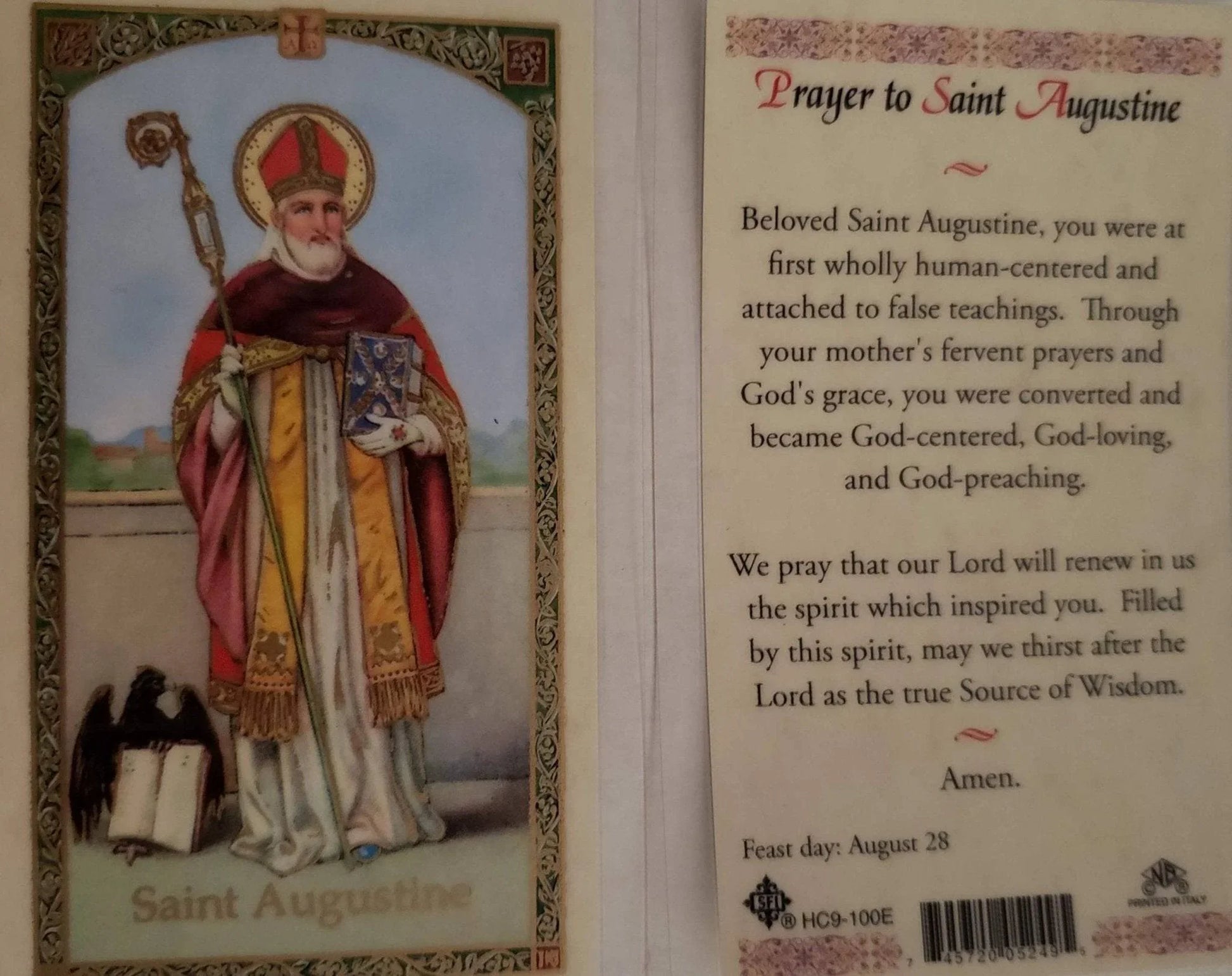 Prayer Card Prayer To Saint Augustine Laminated HC9-100E - Ysleta Mission Gift Shop