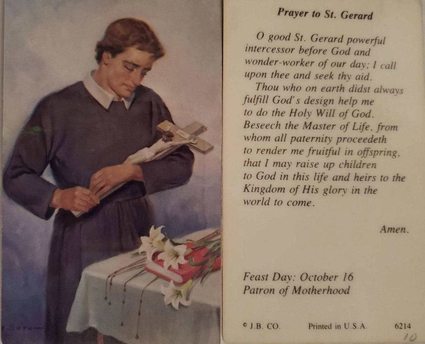 Prayer Card Prayer To Saint Gerard Laminated JB CO - Ysleta Mission Gift Shop