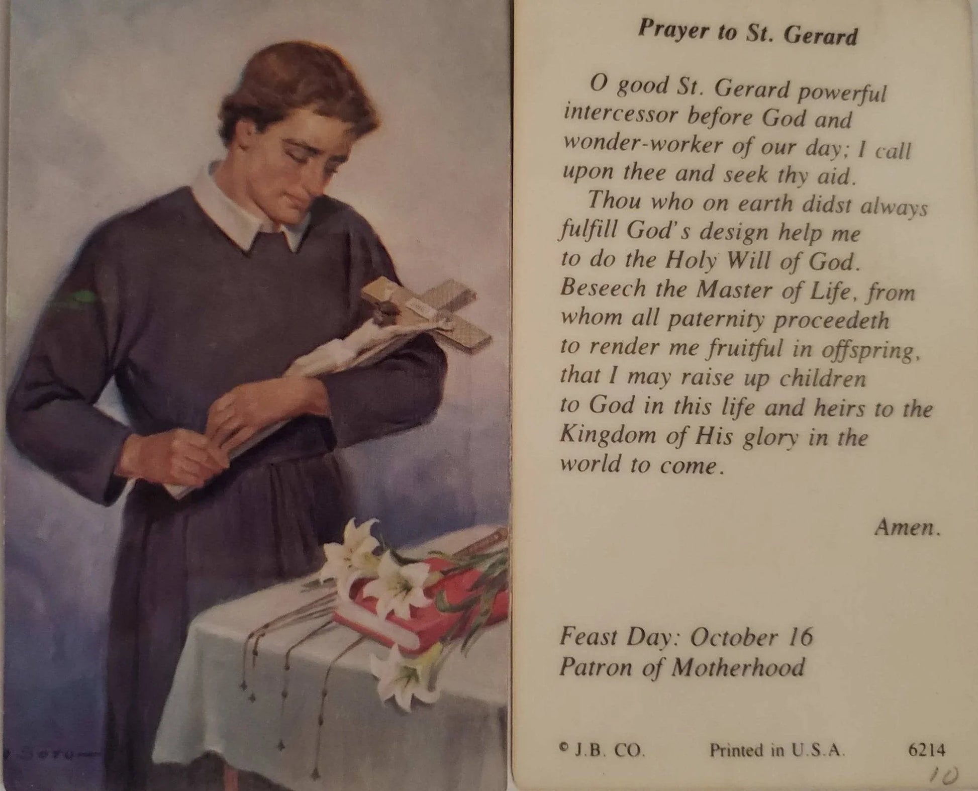 Prayer Card Prayer To Saint Gerard Laminated JB CO - Ysleta Mission Gift Shop