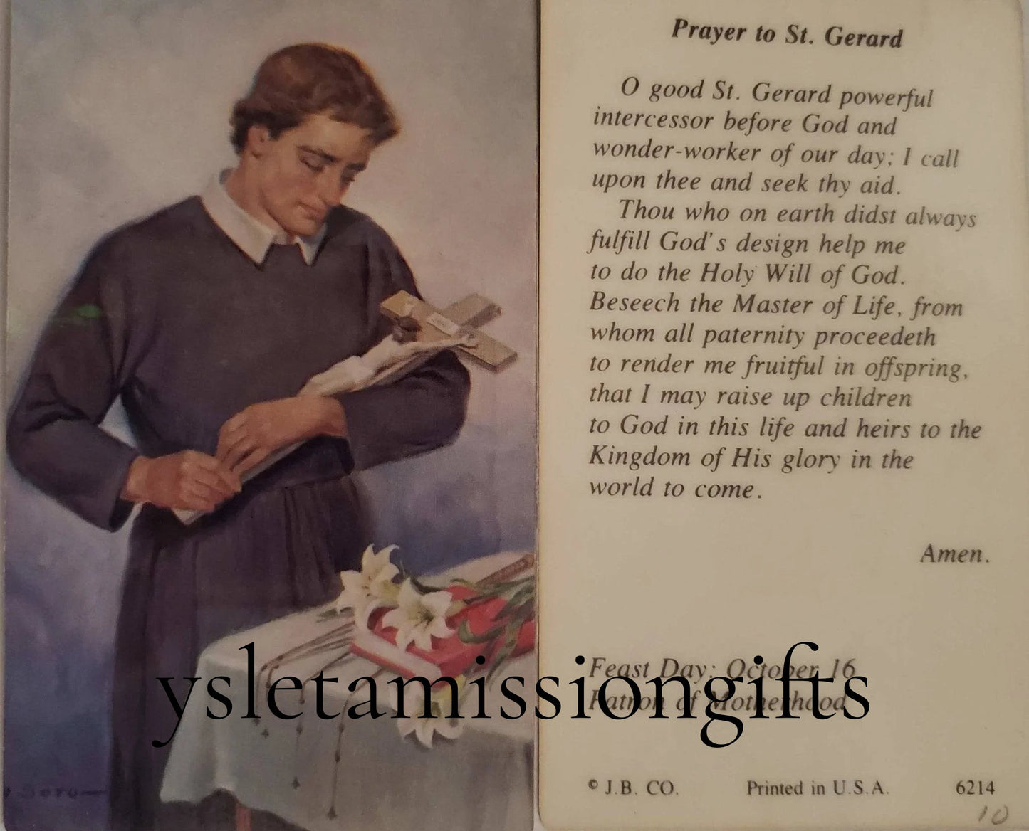 Prayer Card Prayer To Saint Gerard Laminated JB CO - Ysleta Mission Gift Shop
