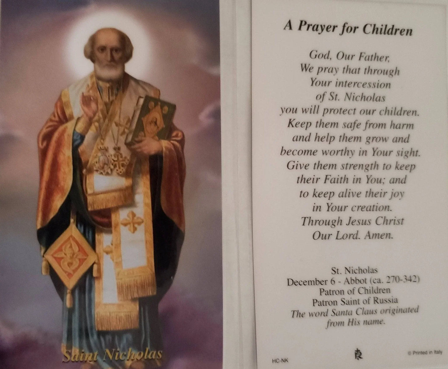 Prayer Card Prayer To Saint Nicholas A Prayer For Children Laminated HC-NK - Ysleta Mission Gift Shop