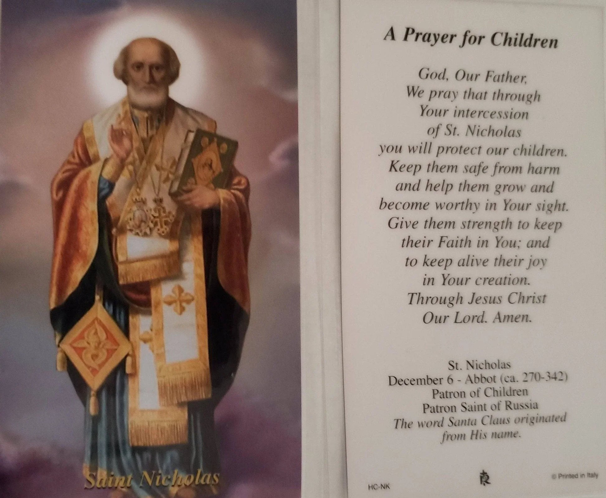 Prayer Card Prayer To Saint Nicholas A Prayer For Children Laminated HC-NK - Ysleta Mission Gift Shop