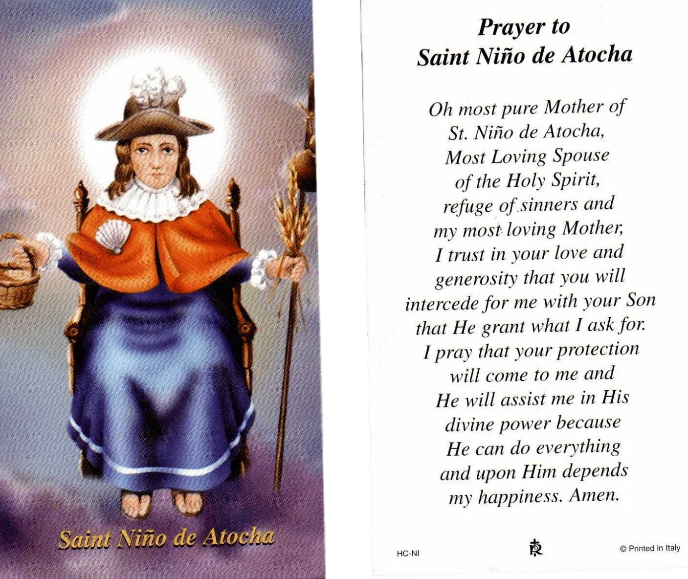 Prayer Card Prayer To Saint Nino De Atocha Laminated HC-NI - Ysleta Mission Gift Shop