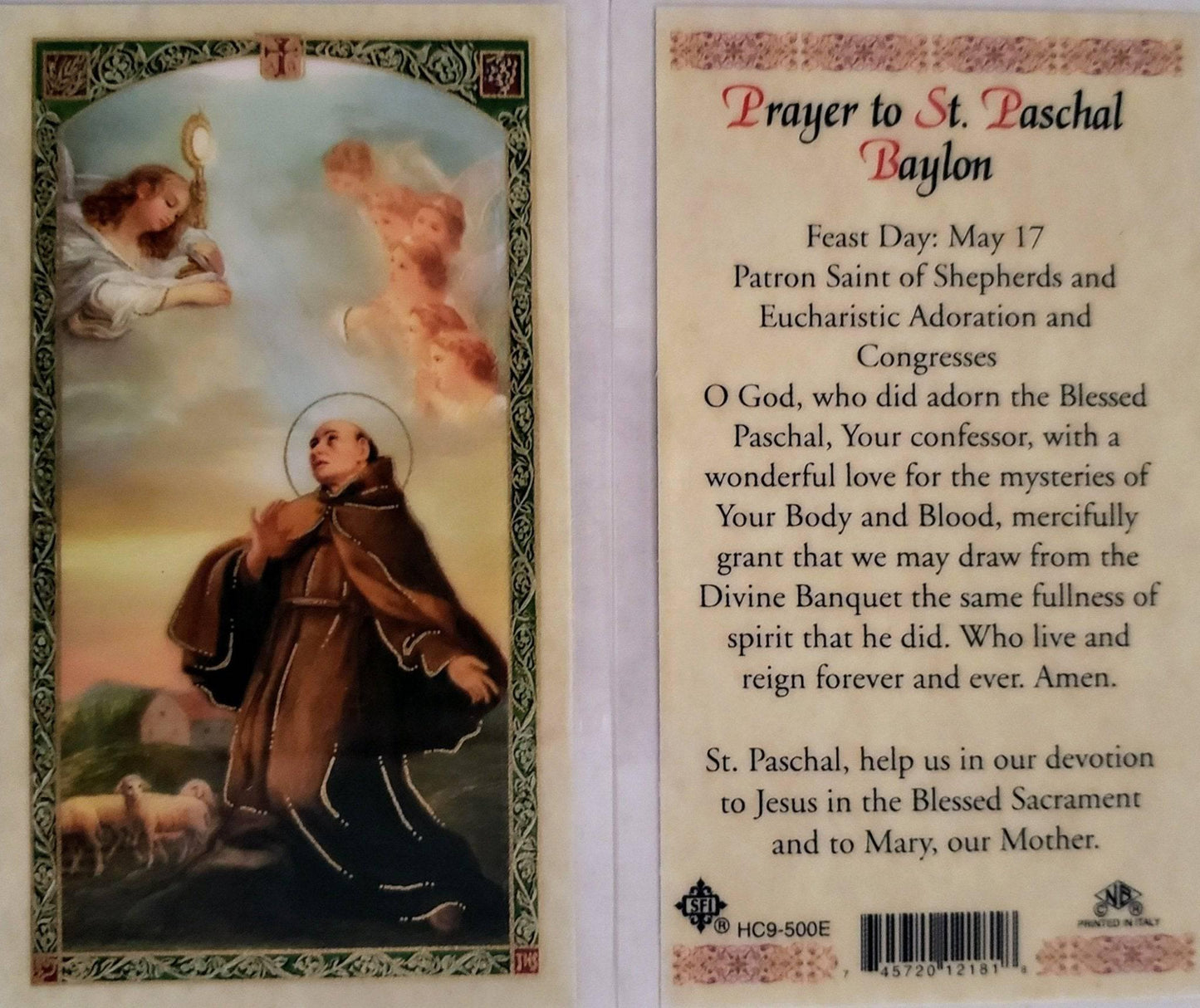 Prayer Card Prayer To Saint Paschal Baylon Laminated HC9-500E - Ysleta Mission Gift Shop