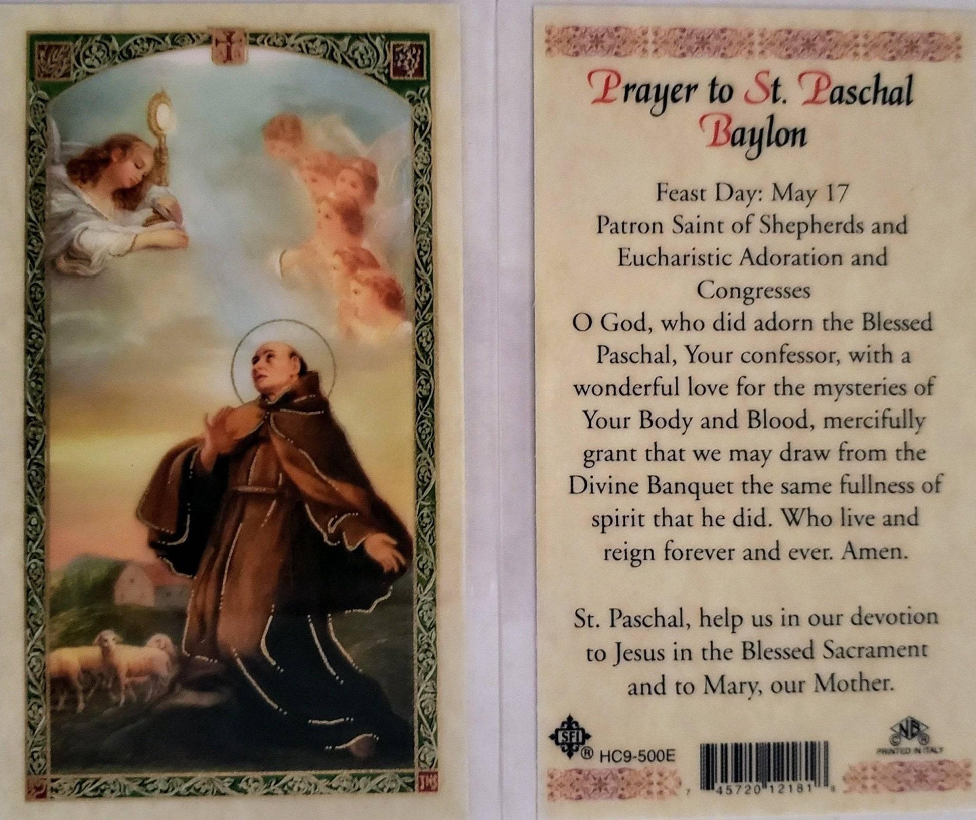 Prayer Card Prayer To Saint Paschal Baylon Laminated HC9-500E - Ysleta Mission Gift Shop