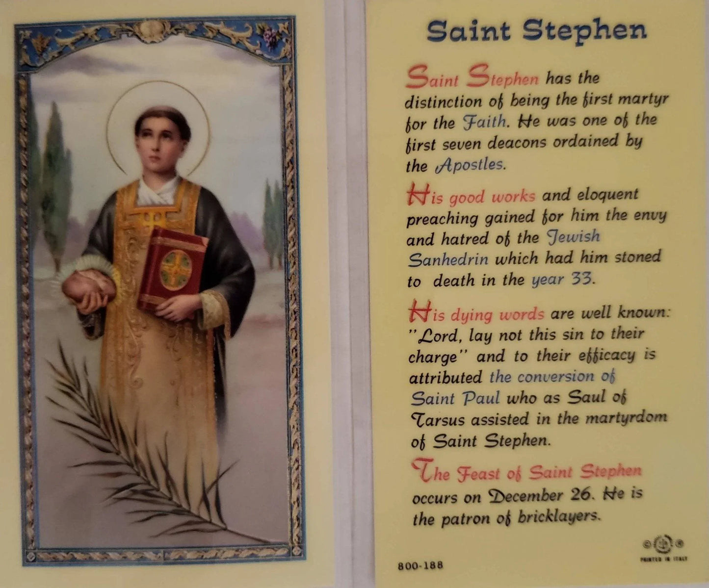 Prayer Card Prayer To Saint Stephen Laminated - Ysleta Mission Gift Shop