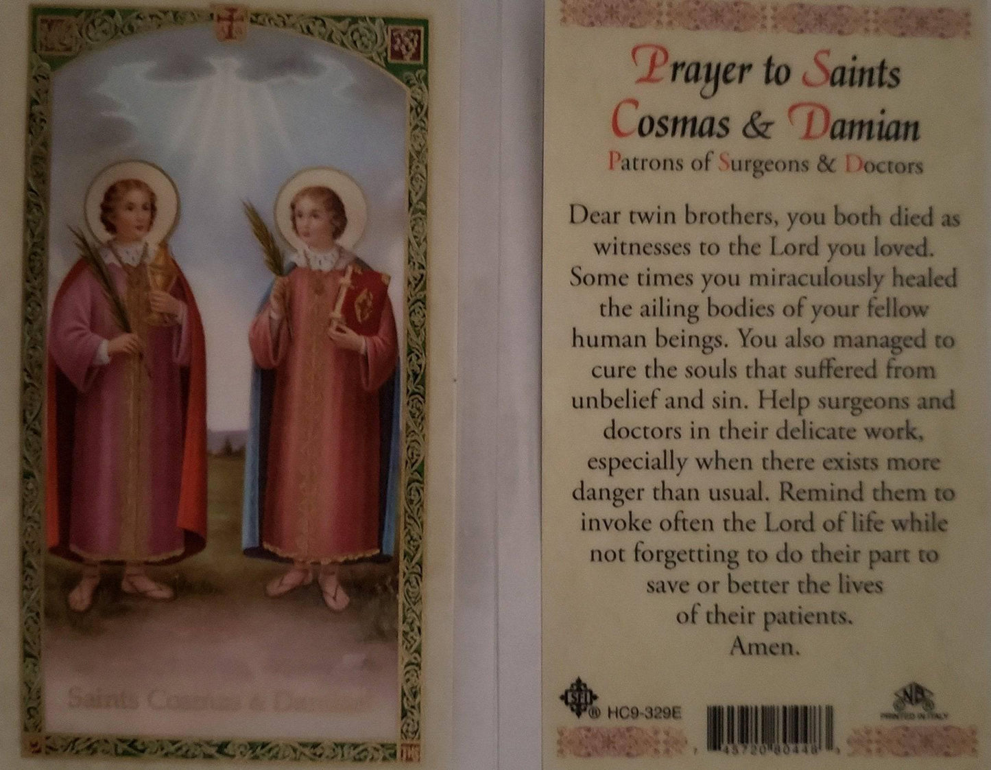 Prayer Card Prayer To Saints Cosmas & Damian Laminated HC9-329E - Ysleta Mission Gift Shop