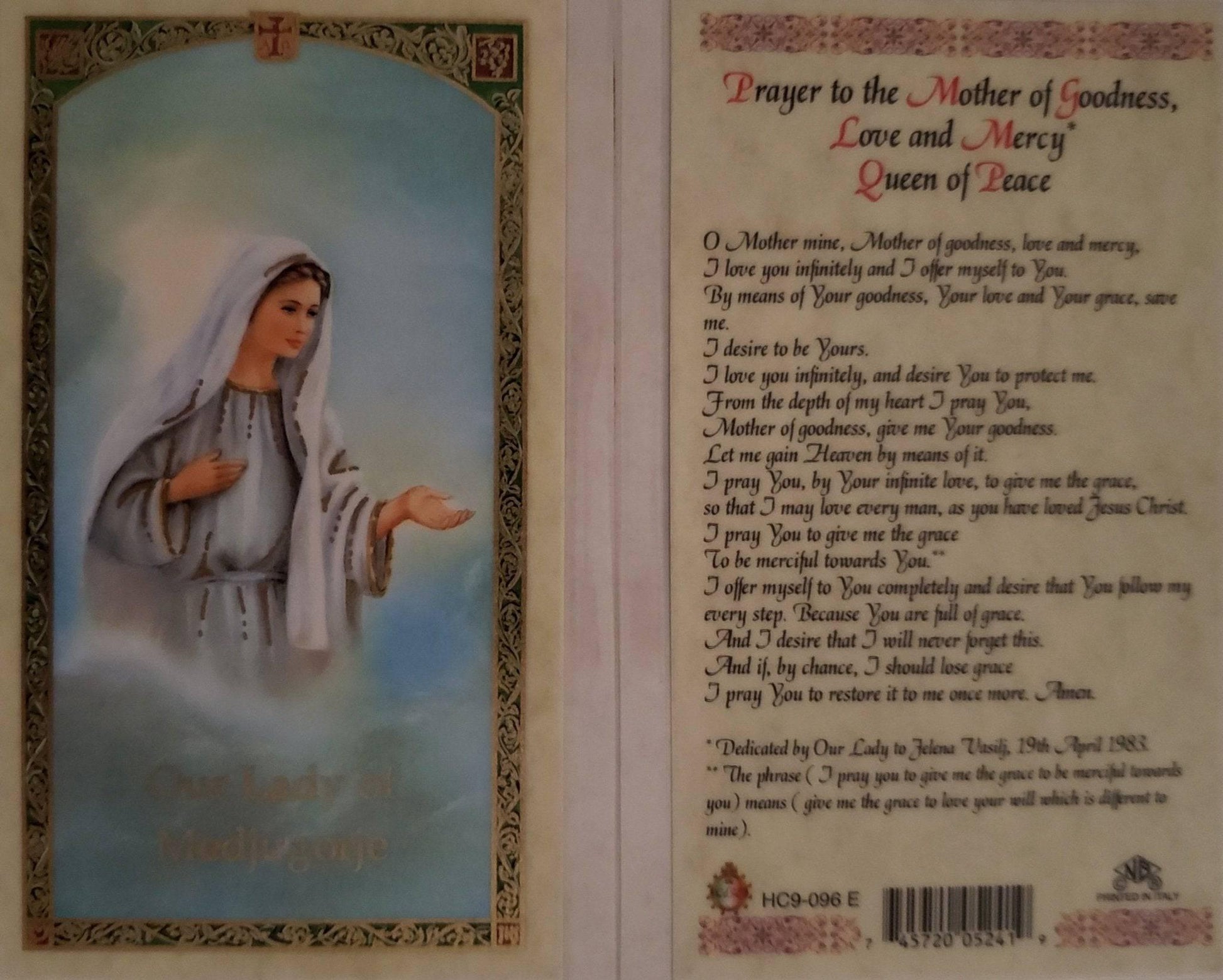 Prayer Card Prayer To The Mother Of Goodness Love And Mercy Queen Of Peace Our Lady of Medjugorje Laminated HC9-096E - Ysleta Mission Gift Shop