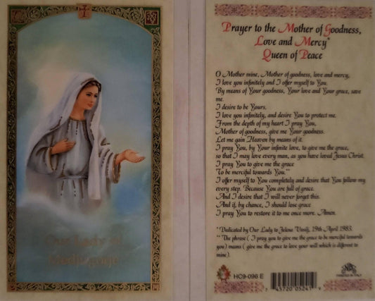 Prayer Card Prayer To The Mother Of Goodness Love And Mercy Queen Of Peace Our Lady of Medjugorje Laminated HC9-096E - Ysleta Mission Gift Shop