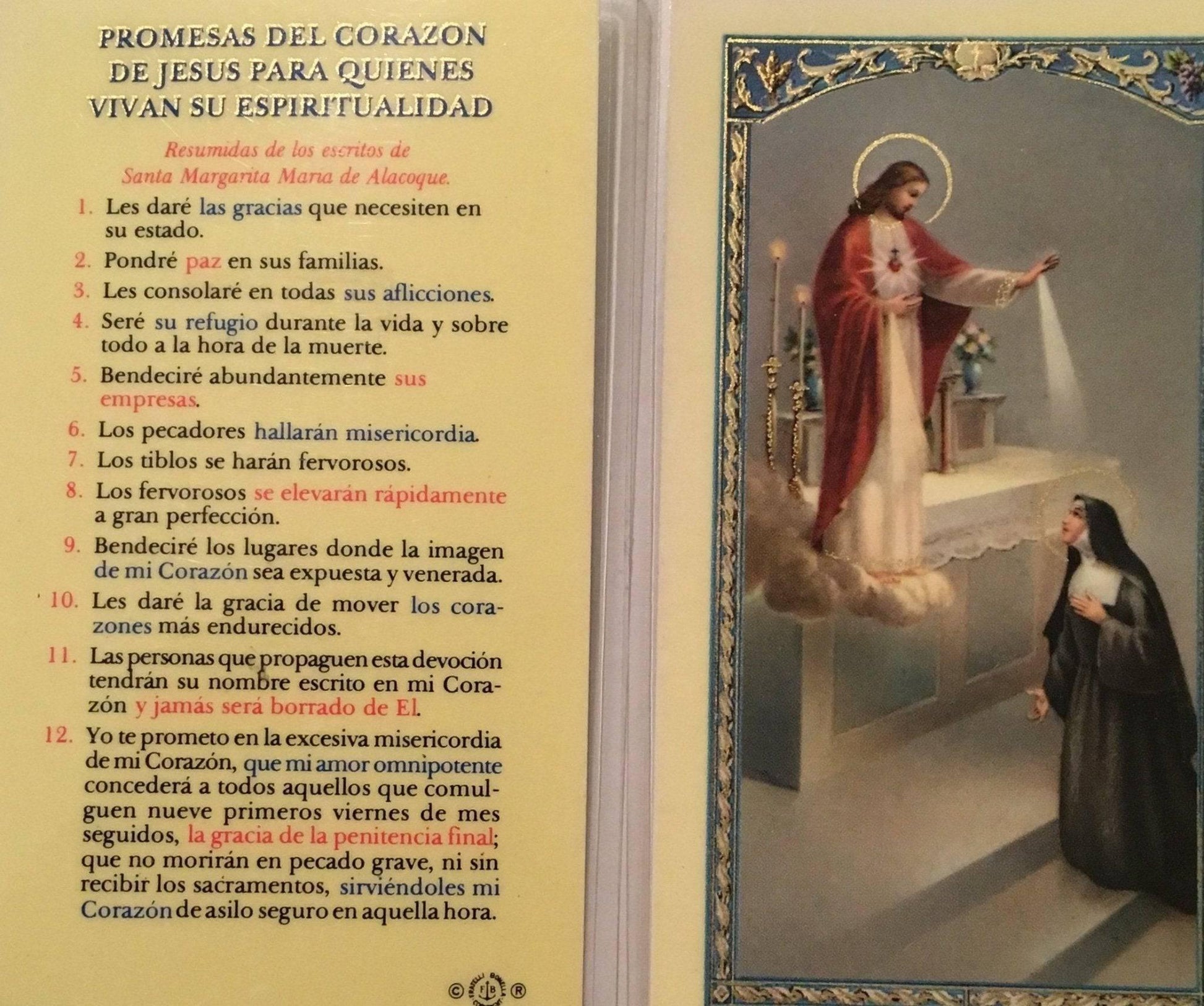 Prayer Card Promesas Del Corazon De Jesus Para Quienes Vivan Su Espiritualidad SPANISH Laminated - Ysleta Mission Gift Shop