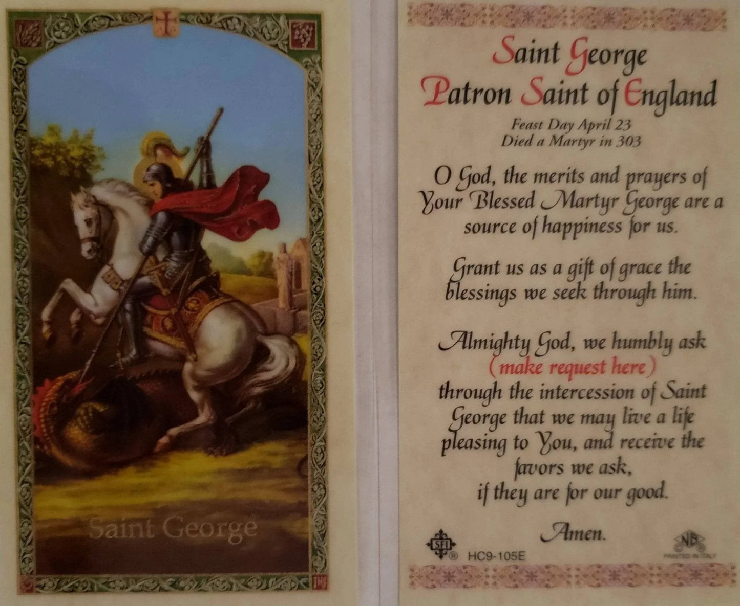 Prayer Card Saint George Patron Saint Of England Laminated HC9-105E - Ysleta Mission Gift Shop