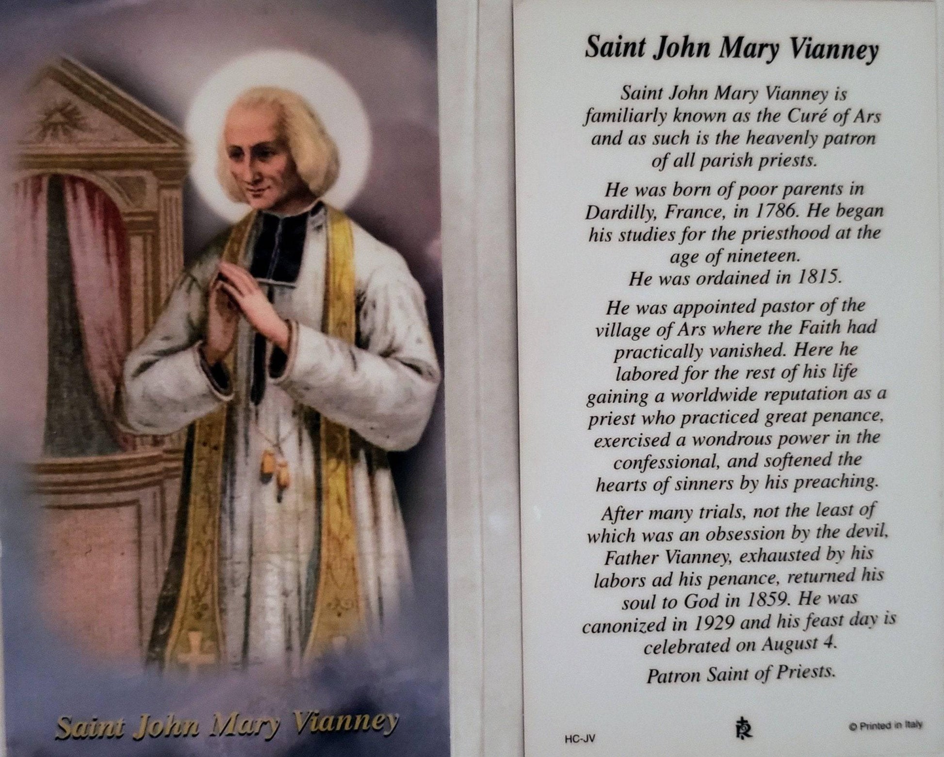 Prayer Card Saint John Mary Vianney Laminated HC-JV - Ysleta Mission Gift Shop