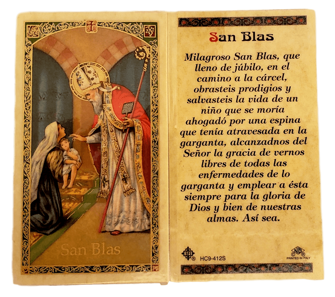 Prayer Card San Blas SPANISH Laminated HC9-412S - Ysleta Mission Gift Shop