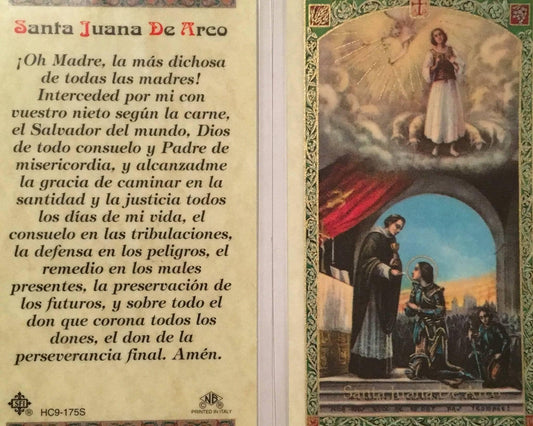 Prayer Card Santa Juana De Arco SPANISH Laminated HC9-175S - Ysleta Mission Gift Shop