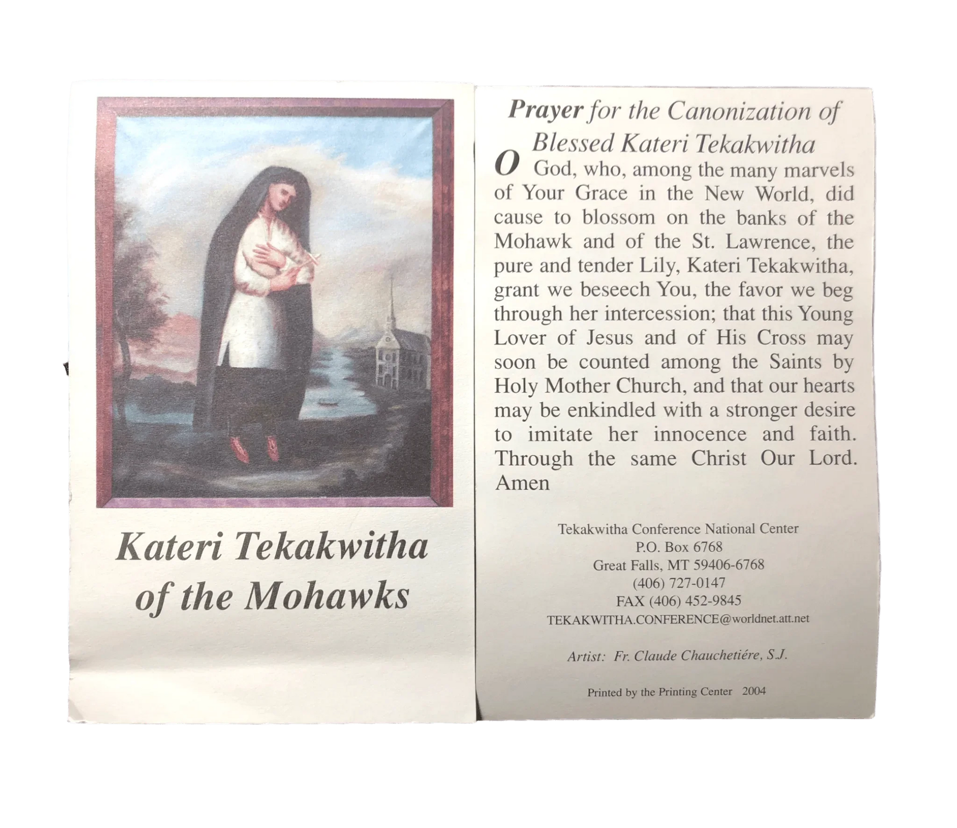 Prayer Card The 2004 Canonization Of Blessed Kateri Tekaka Of The Mohawks No Laminated - Ysleta Mission Gift Shop