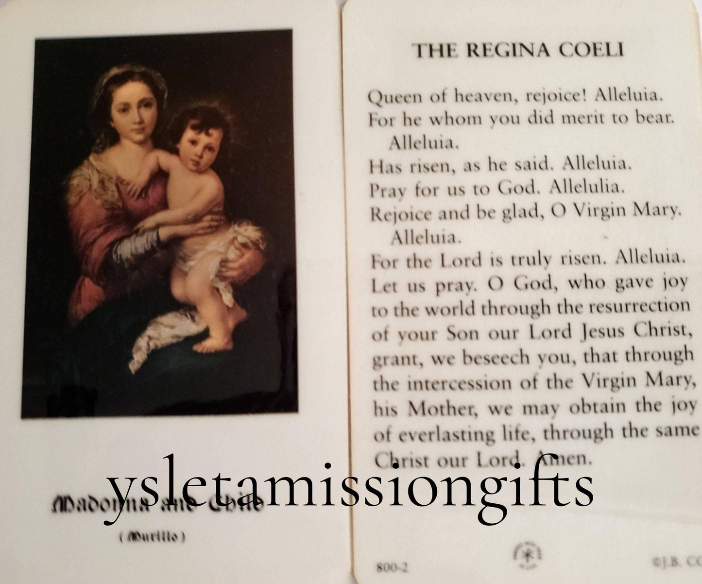 Prayer Card The Regina Coeli Madonna And Child Murillo Laminated - Ysleta Mission Gift Shop