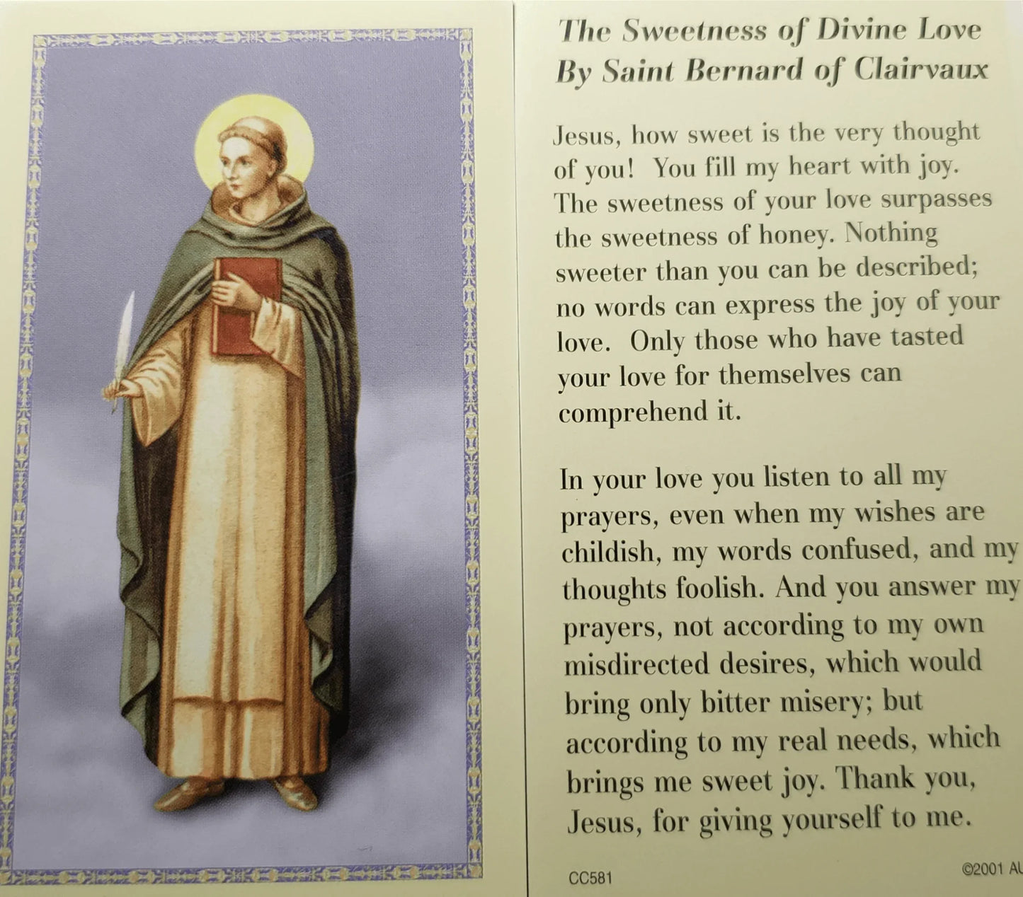 Prayer Card The Sweetness Of Divine Love By Saint Bernard Of Clairvaux No Laminated CC - Ysleta Mission Gift Shop