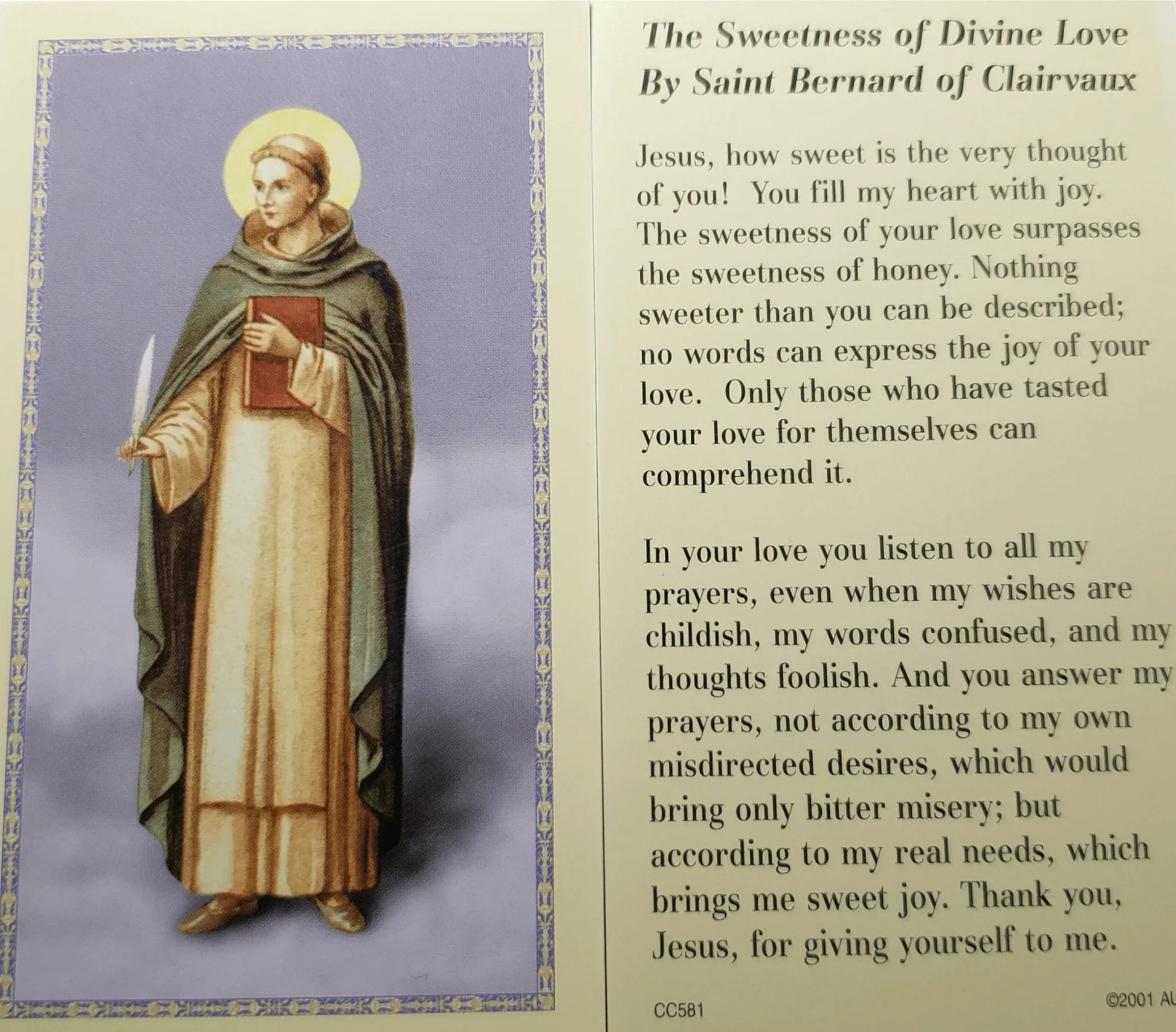 Prayer Card The Sweetness Of Divine Love By Saint Bernard Of Clairvaux No Laminated CC - Ysleta Mission Gift Shop