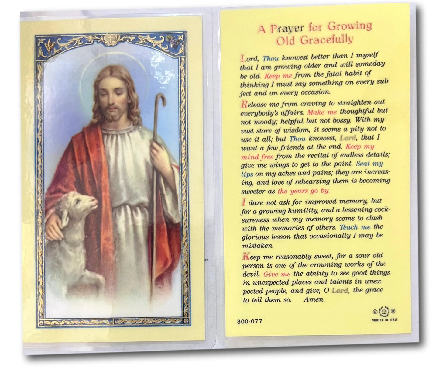 Laminated Catholic prayer card for growing old gracefully, featuring a blessing for elder years, from Ysleta Mission Gift Shop.