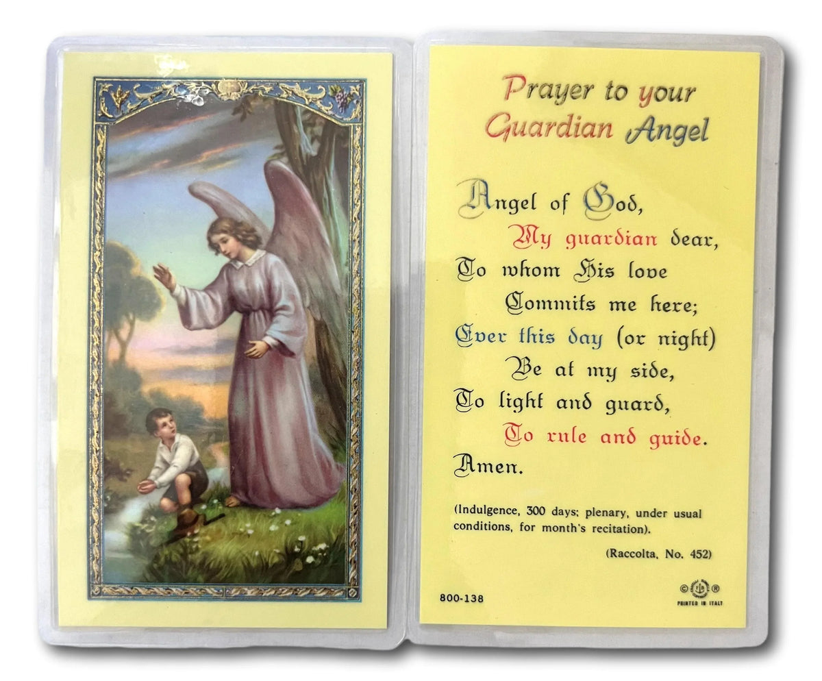Laminated Catholic prayer card featuring a guardian angel devotion and religious imagery, from Ysleta Mission Gift Shop.