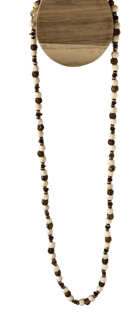 Rustic resin bone bead necklace by Sylvia Leroux, 38-inch strand with copper accents, matching earrings, jewelry and accessories.
