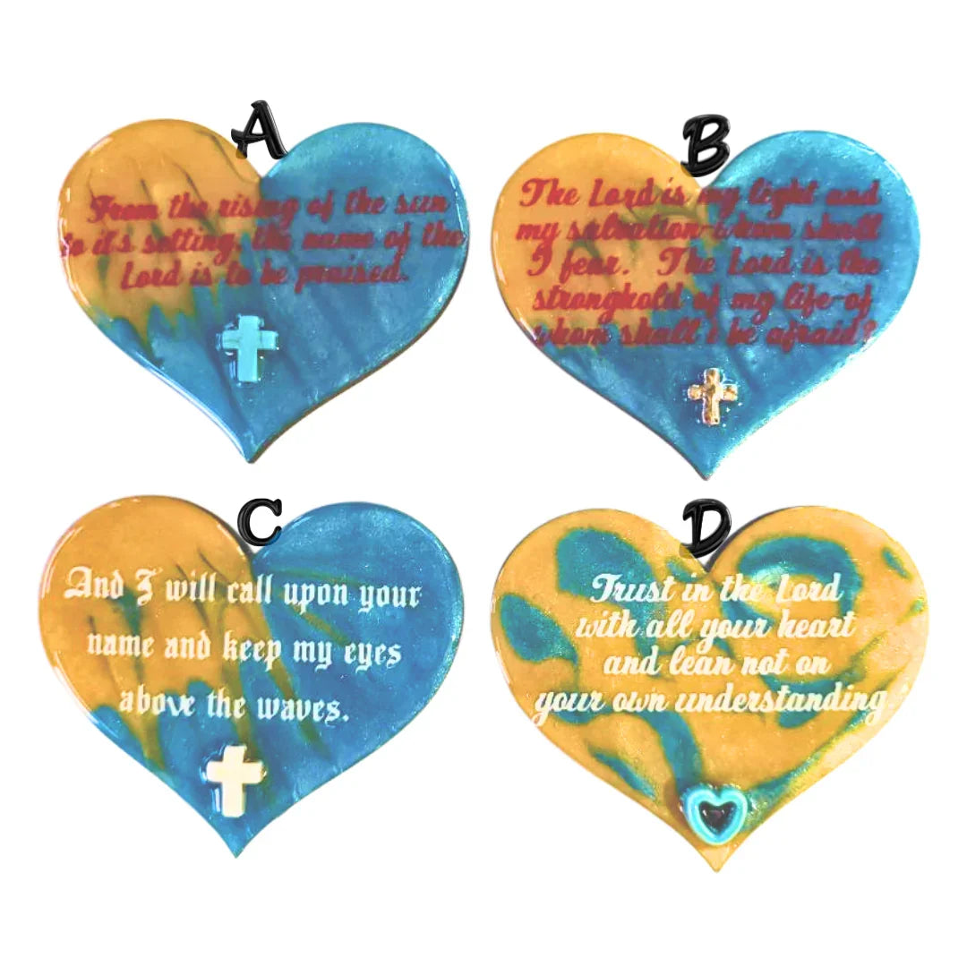 Resin heart magnets on wood in yellow and blue, decorative fridge set by Brigitte Rosson, perfect for adding cheerful charm.