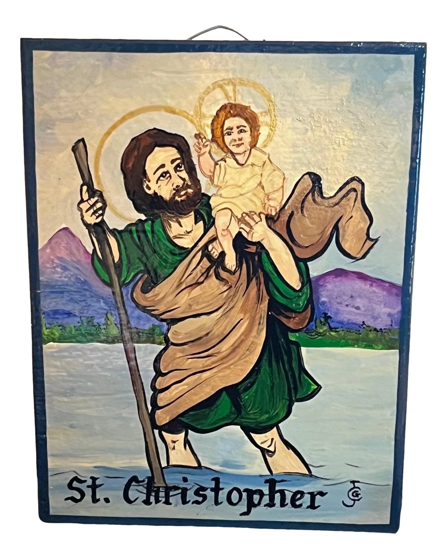 Retablo St. Christopher Handpainted Wall Hanging - Ysleta Mission Gift Shop