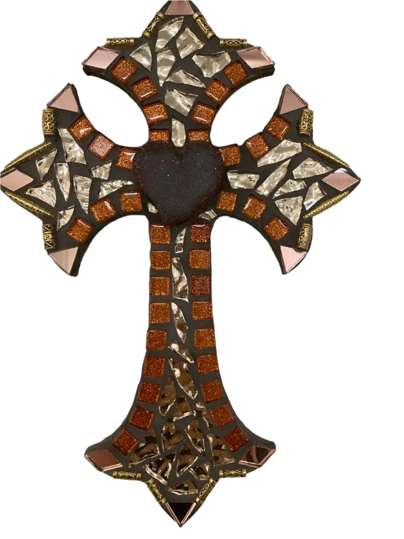 Rust and gold mosaic Catholic cross with heart center on wooden background, 10x7 inches, by Brigitte Rosson.