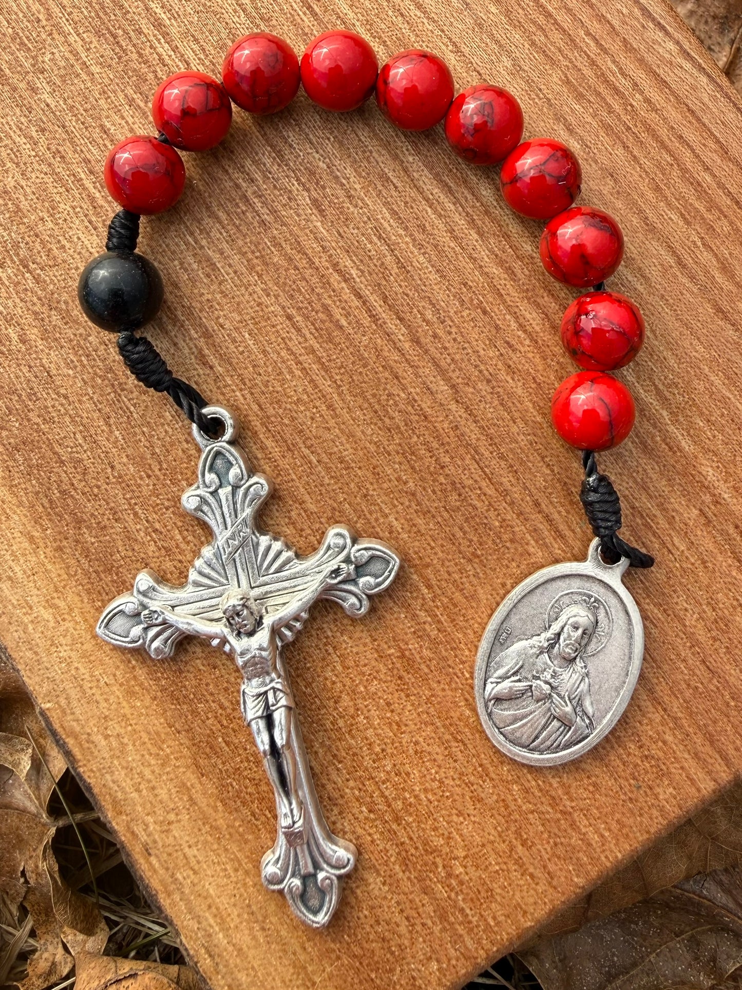Sacred Heart Red & Black Jasper One Decade Pocket Rosary