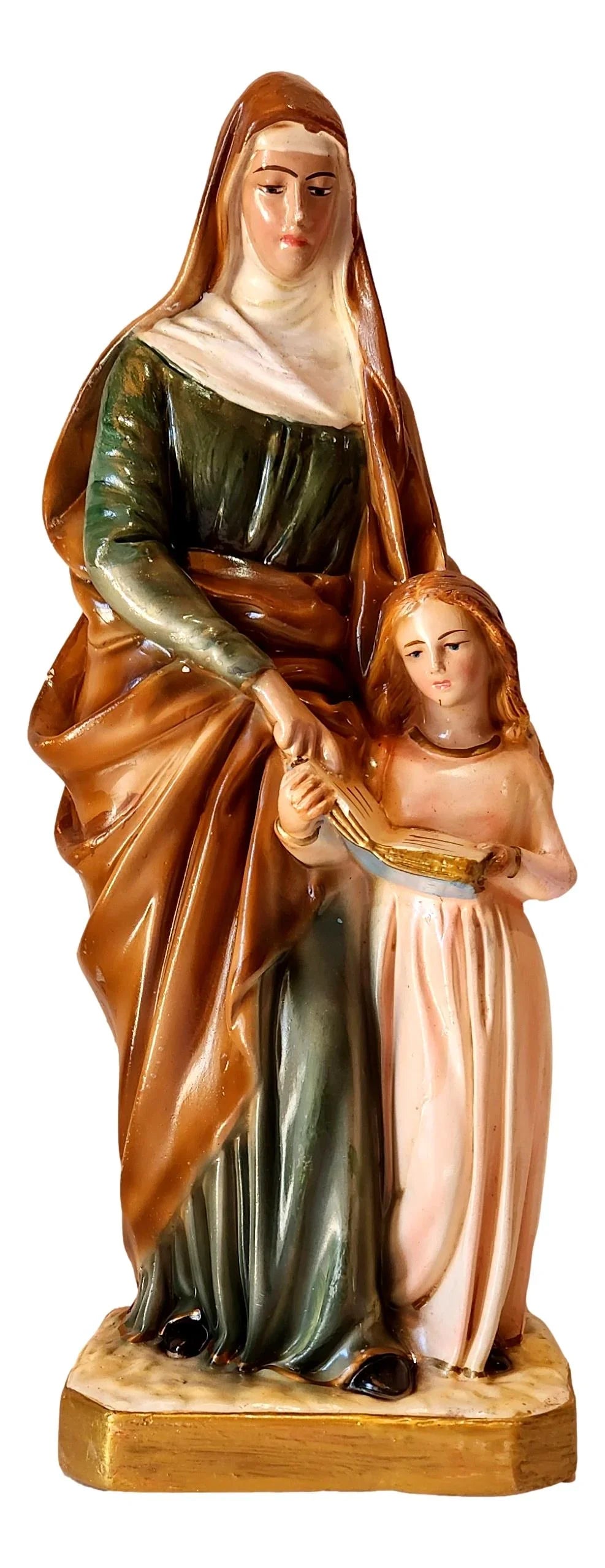 Handcrafted 12-inch Saint Anne Catholic religious statue, detailed Christian figure with serene expression and traditional robes.