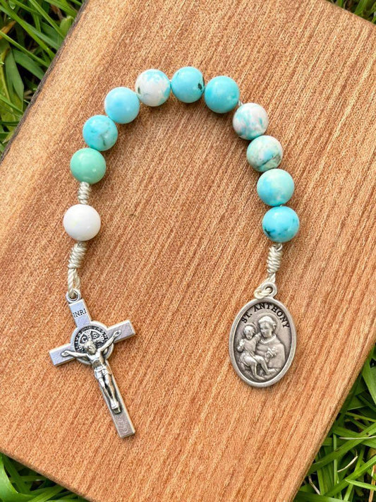 Saint Anthony One Decade Pocket Rosary Catholic Light Blue Howlite Stone Beads Saint Benedict Crucifix - Ysleta Mission Gift Shop