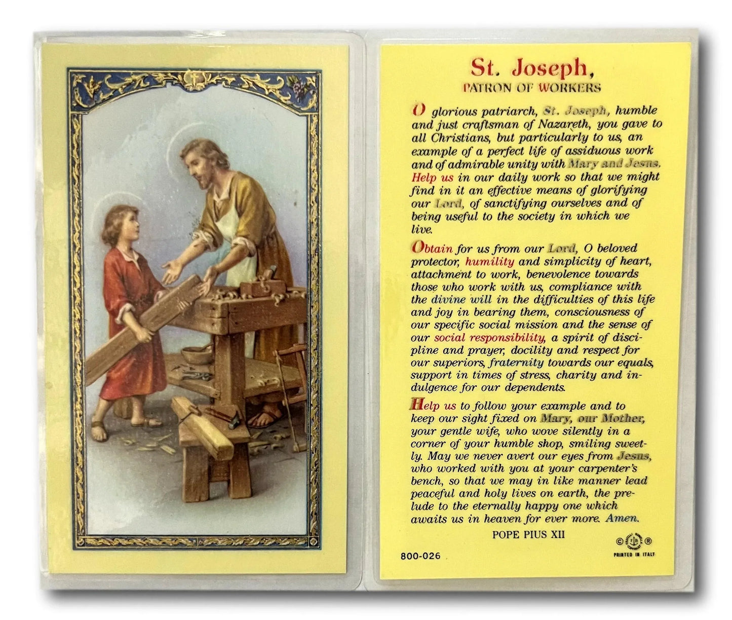 Laminated Saint Joseph Catholic prayer card featuring image of Saint Joseph, patron of workers and fathers, from Ysleta Mission Gift Shop