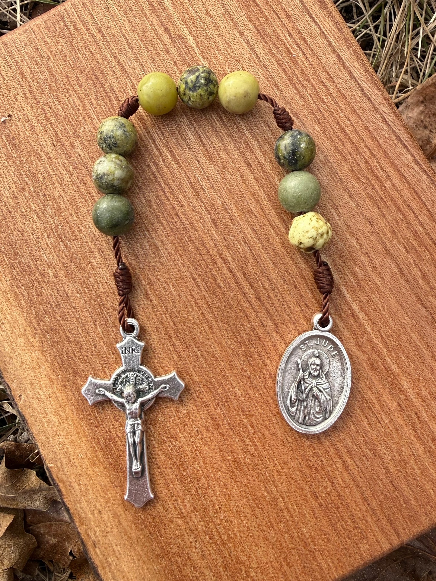 Yellow turquoise Saint Jude Catholic chaplet with beads and crucifix, Christian prayer rosary by Liza Murphy.