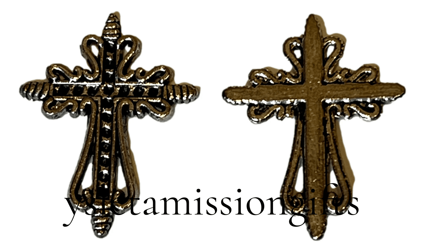 Saint Medals Cross Scrolled Edge Silver Tone Color - Ysleta Mission Gift Shop