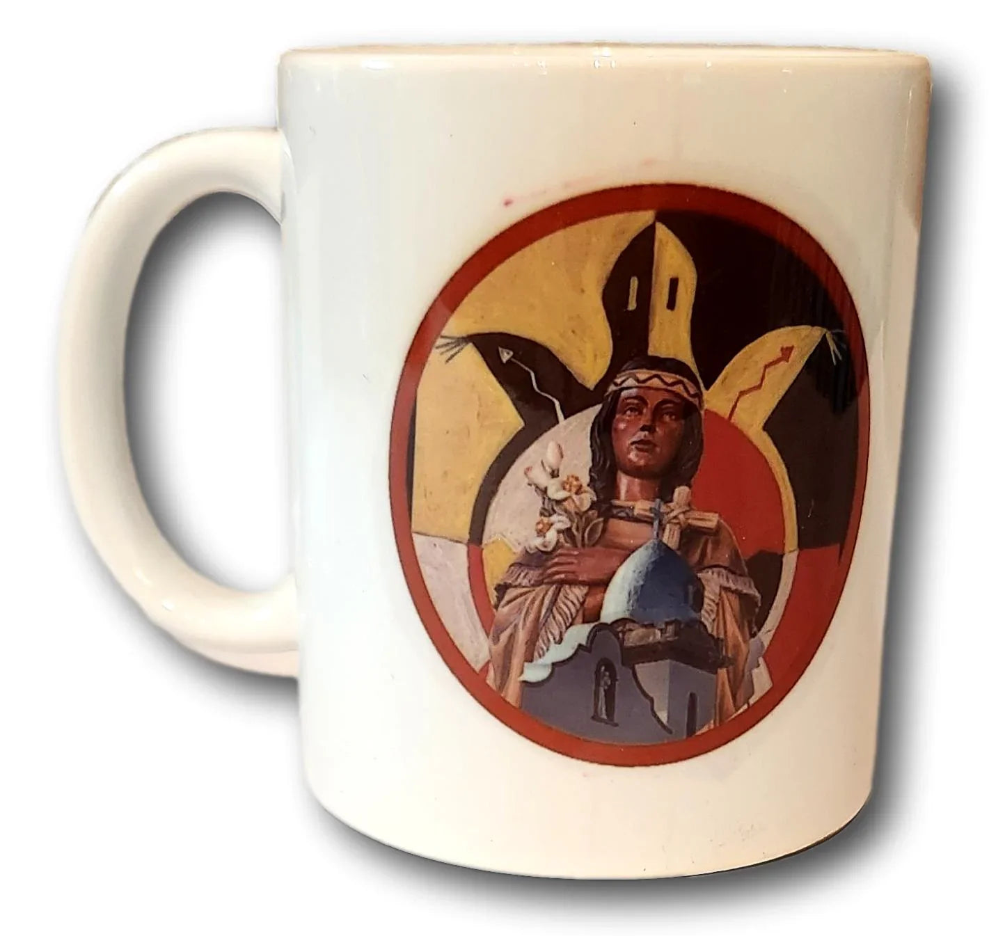 Saints over the Ysleta Mission coffee mug featuring religious artwork, perfect for El Paso souvenirs and heritage gifts.