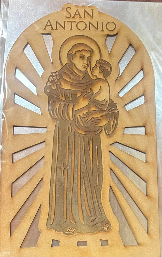 San Antonio Plaque – Laser Cut Natural Wood, Paintable, 6.75x11.5 Inches with Base - Ysleta Mission Gift Shop